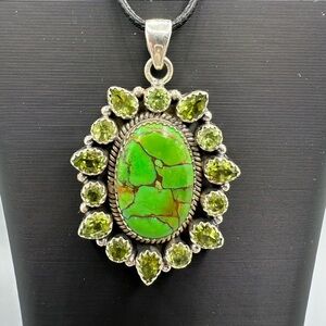 Sterling Silver 925 Handmade Green Copper Turquoise Mojave Pendant Peridot